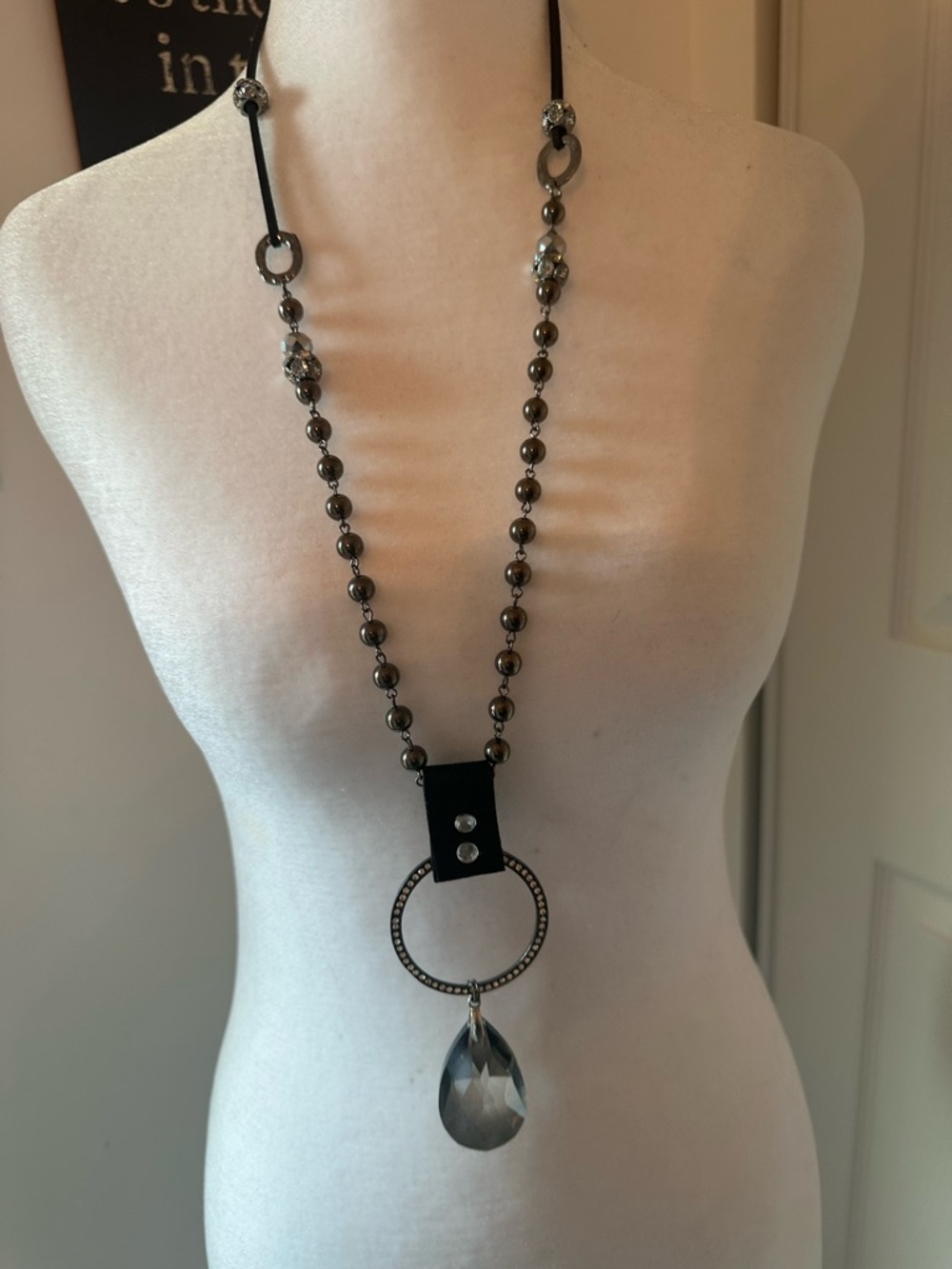 Long Black and Silver Teardrop Pendant Necklace - Women Jewelry